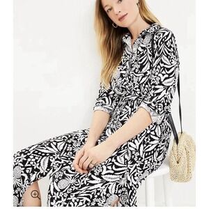 LOFT Petite Shirt Dress 10P Floral Pineapple B&W Tie Waist Midi Linen Blend